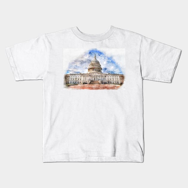 United States Capitol in Washington DC Watercolor Pastel - 03 Kids T-Shirt by SPJE Illustration Photography